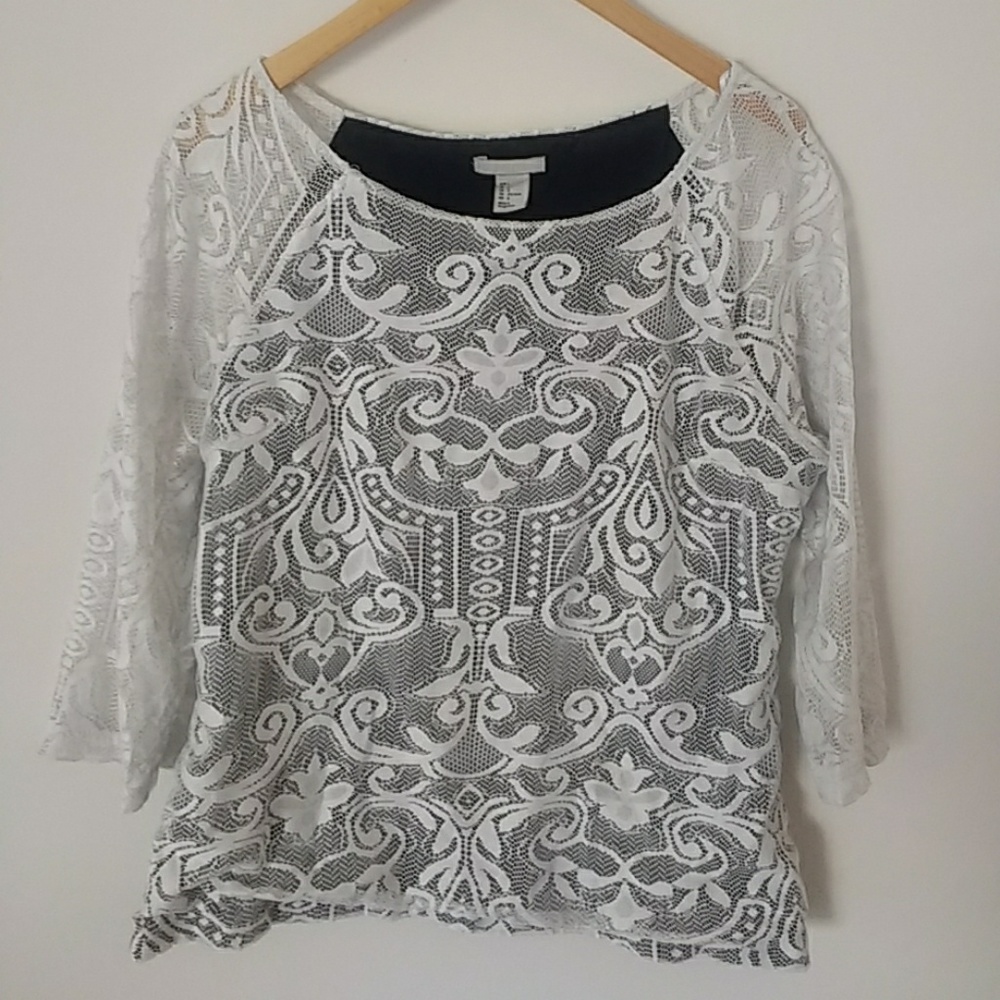 H&M Sheer Mesh Floral Lace 3/4 Sleeve Boatneck Top
